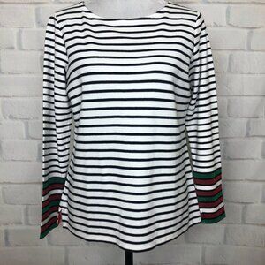 Boden White Black Striped Long Sleeve Tee with Green and Red Cuff Stripes